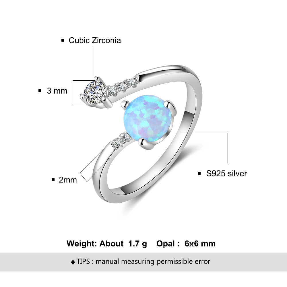 Giffany 925 Sterling Silver Created Round Blue Opal Adjustable Rings for Women