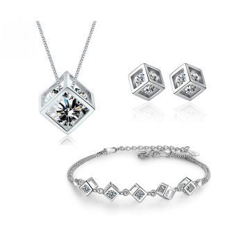 Giffany 925 Sterling Silver Jewelry Sets Zircon Square Cube Necklace+Earrings+Bracelet