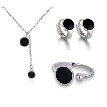 Giffany 925 Sterling Silver Jewelry Sets Epoxy Black Round Wafer Necklace+Earrings+Ring