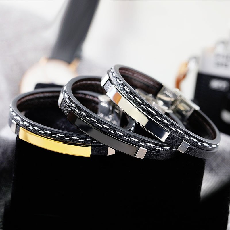 Engraved Name Bracelet For Men leather Stainless Steel Bracelets & Bangles