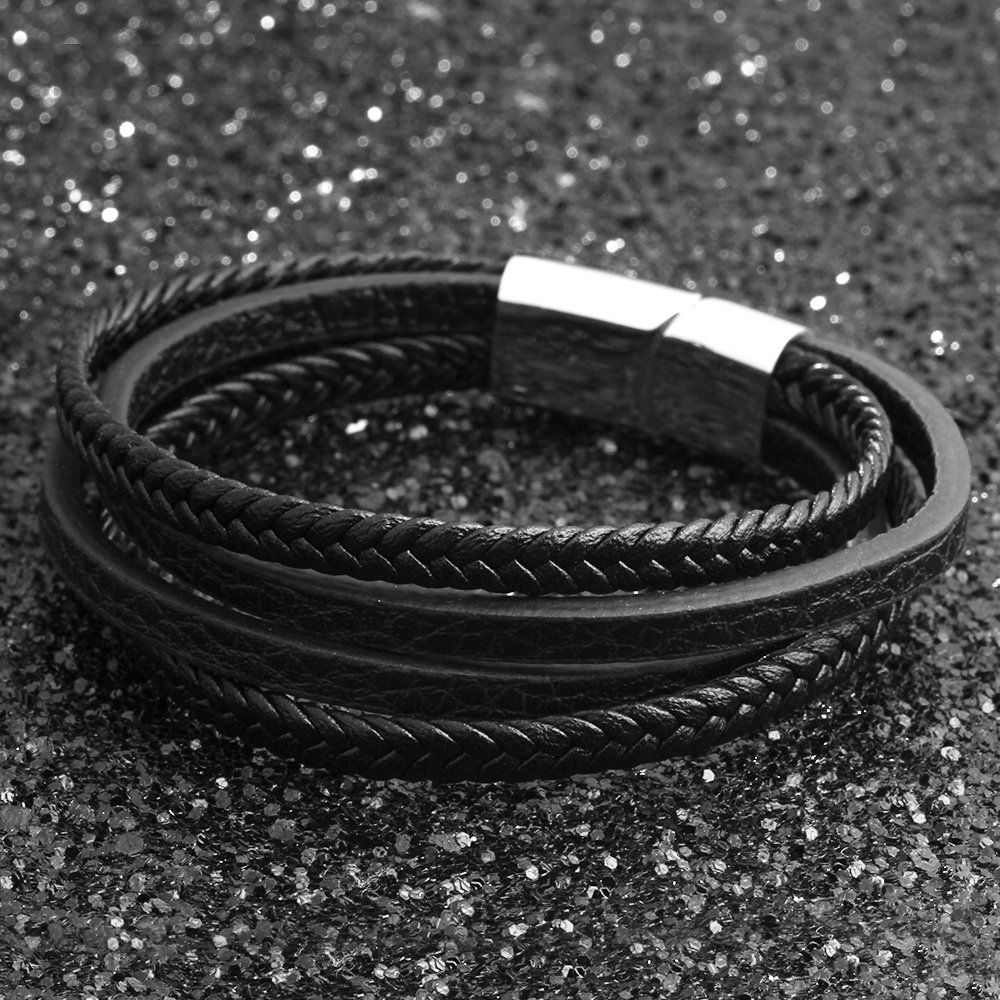 Bracelets & Bangles Men Stainless Steel Leather Rope Magnetic Clasp