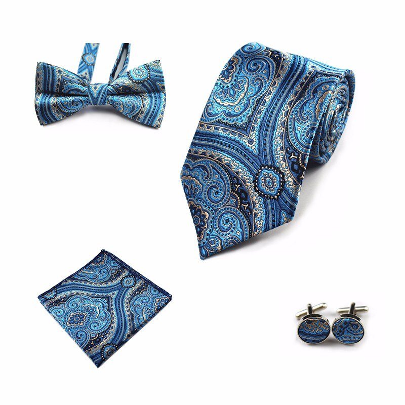 Rick Nais 4PCS Tie Set Bow Tie and Handkerchief Cufflinks 100% Silk