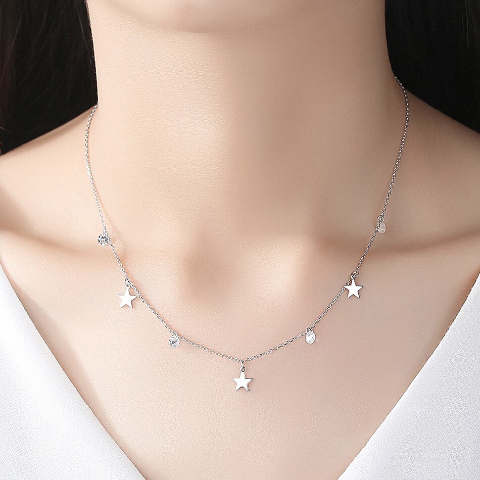 Giffany 925 Sterling Silver Dazzling Cubic Zircon Round & Star Pendant Necklaces